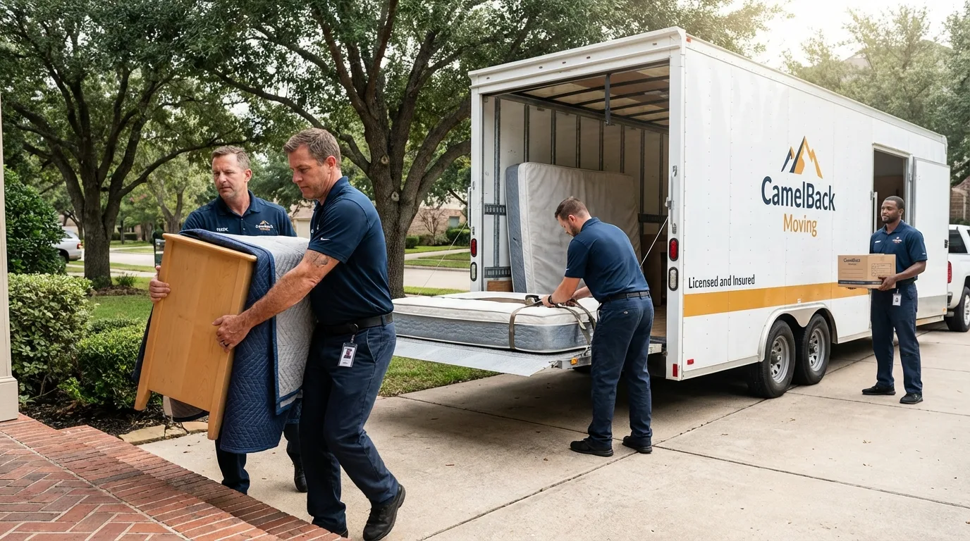 Crew loading residential truck for cross-state move from Springville, IA