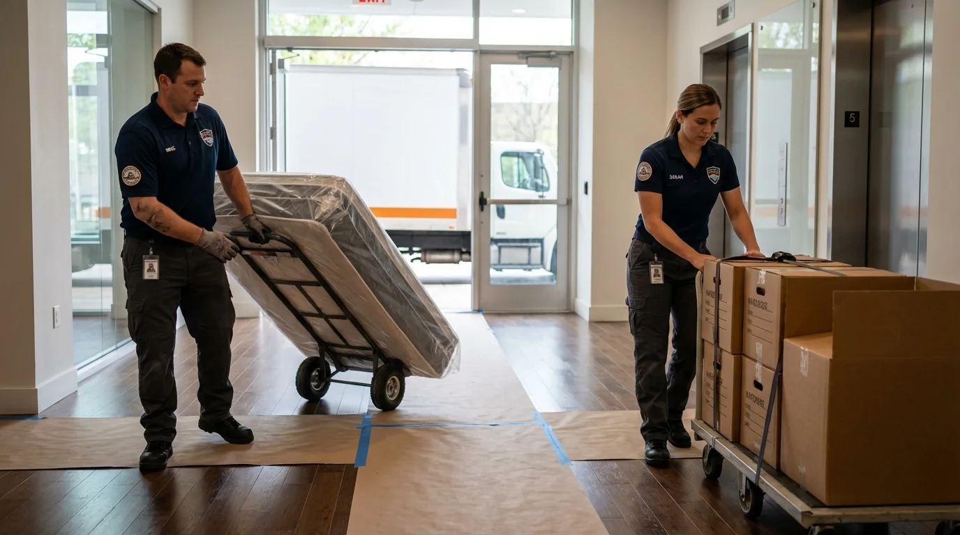 Professional apartment movers loading elevator in Springville, IA