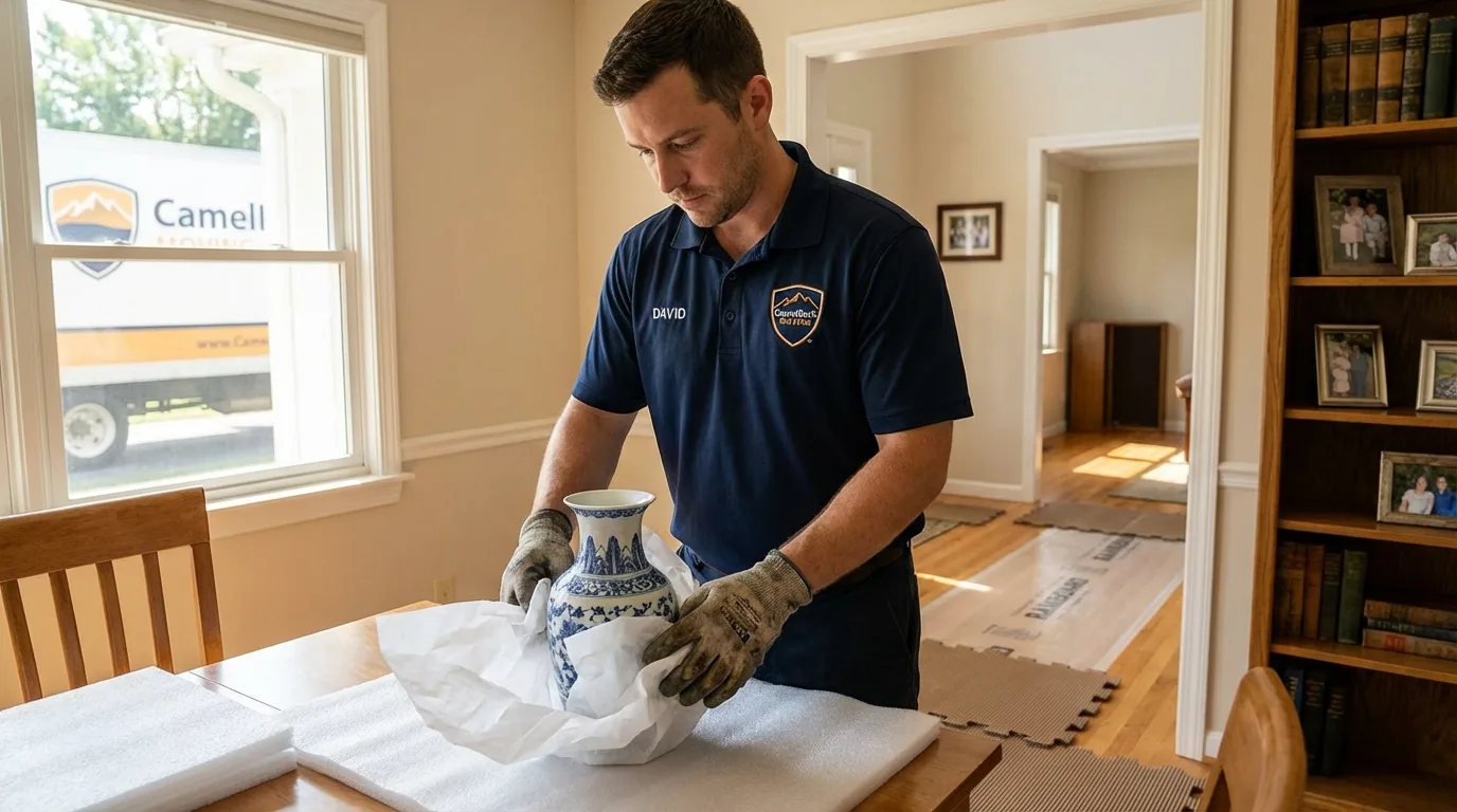 Professional crew carefully wrapping antique vase for senior downsizing move in Springville, IA
